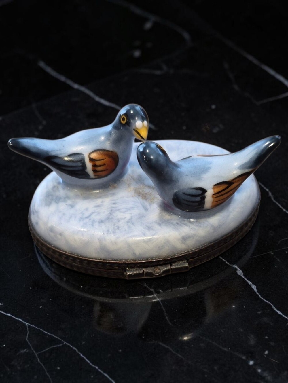 Limoges France Signed Porcelain Trinket Box - Two Love Birds
